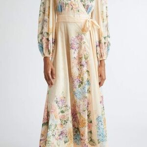 Zimmermann Halliday Cream Floral Long Wrap Maxi Sleeve Dress